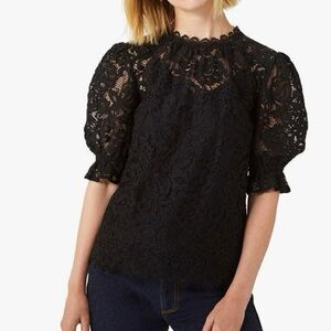 Kate spade floral lace top puff sleeves sheer scalloped mock neck black small